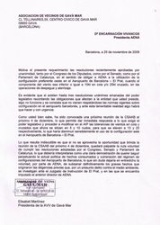 Requeriment de l'AVV de Gavà Mar a la nova Presidenta d'AENA (Encarnación Vivanco) perquè faci modificar l'AIP de l'aeroport del Prat per minimitzar l'ús de la configuració est (25 de novembre de 2008)